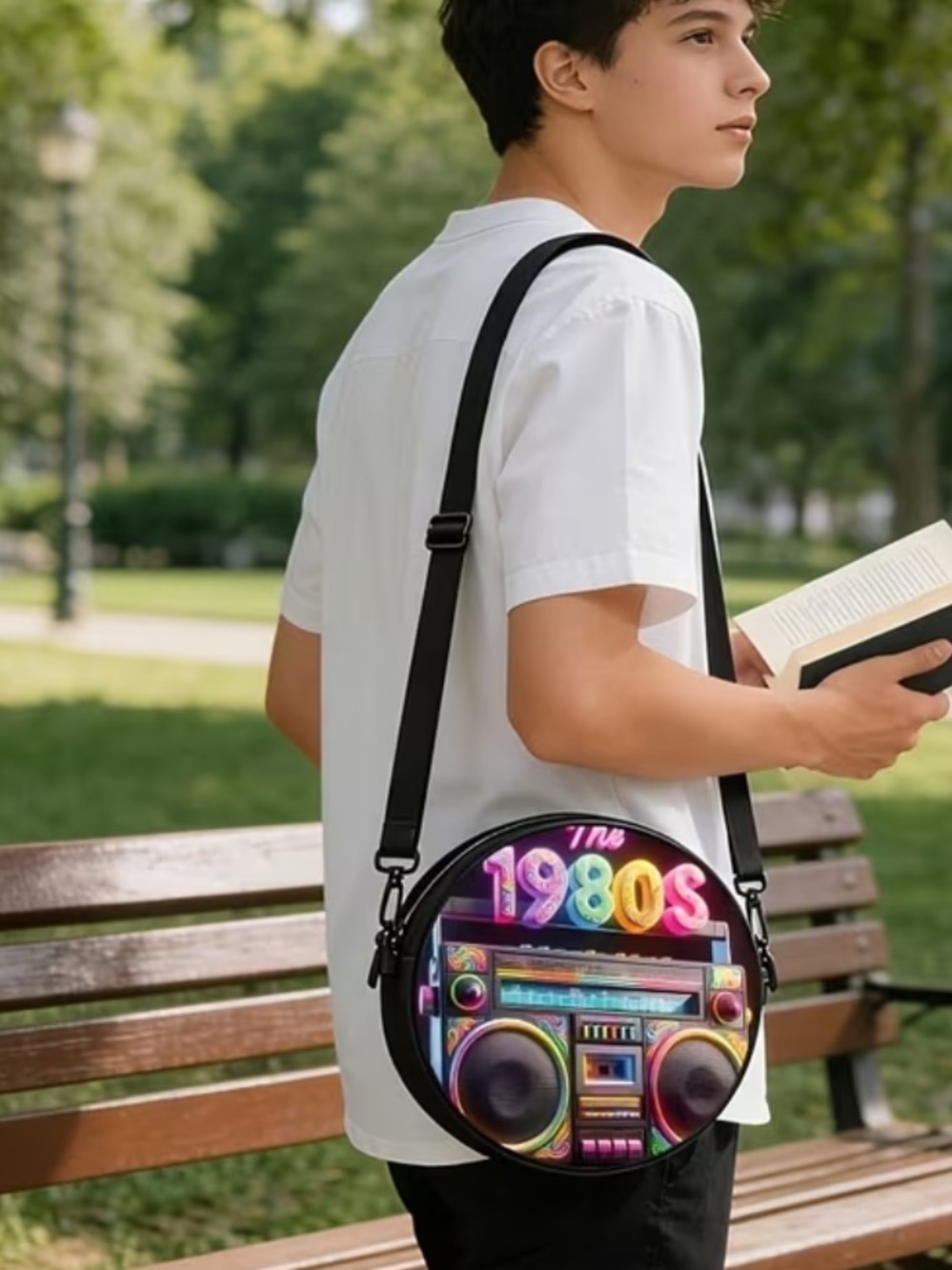 Retro 1980s Boombox Round Tote Bag - Black